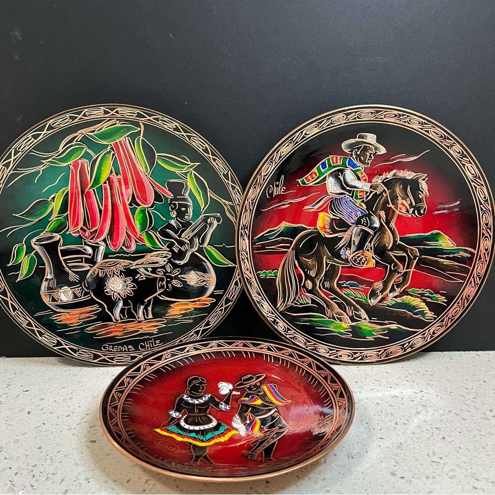 3x VINTAGE Hand Crafted, Etched, Hand Painted Enamel on Copper Decorative Plate